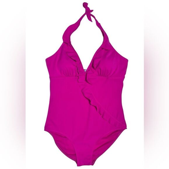 SPANX Love Your Assets by Sara Blakely Pink One Piece Swimsuit Halter Ruffle - Picture 2 of 10